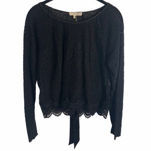 Ryu Women Black Lace Long Sleeve Scalloped Hem Bows Cropped Blouse Sz Medium